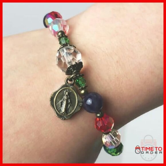 Genuine Stone Crystal Rosary Bracelet Virgin Mary Medal Charm - Picture 3 of 7